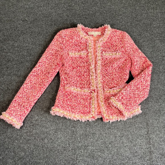 Boston Proper Jackets & Blazers - Boston Proper Pink Tweed Boucle Jacket Gold Chain Trim Fringe Blazer Size 2